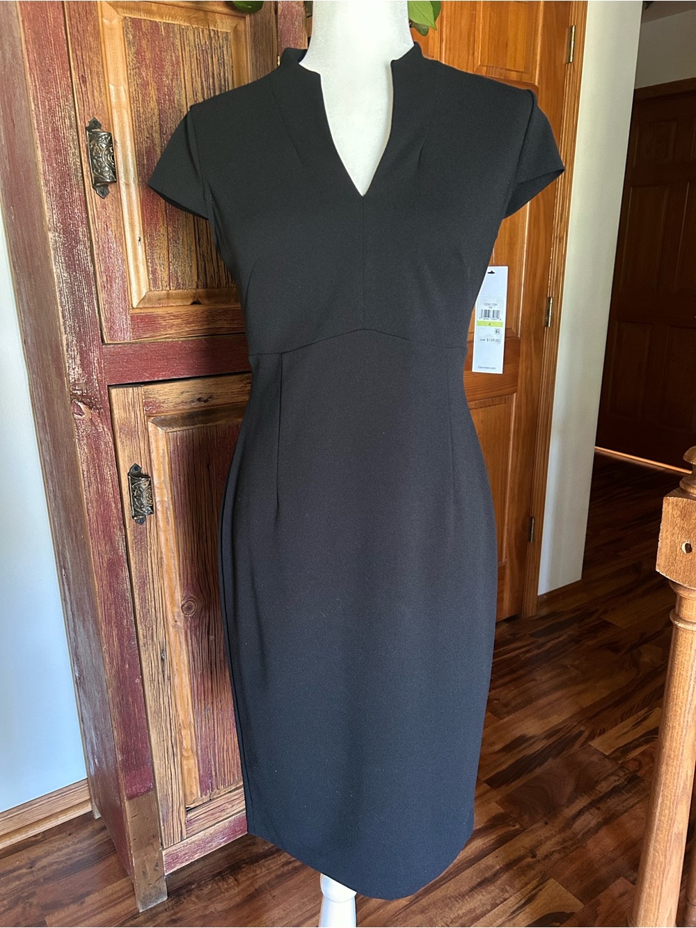 Calvin Klein Black Midi Sheath Dress with Notch Neck